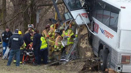 Emergency and rescue crews respond to the scene of a tour bus crash on the Pennsylvania Turnpike on Saturday, March 16, 2013 near Carlisle, Pa. Authorities say the tour bus crashed on the freeway at mile marker 227 in central Pennsylvania, and serious injuries have been reported. Megan Silverstram of the Cumberland County public safety department says the crash in the eastbound lanes of the Pennsylvania Turnpike was reported just before 9 a.m. Saturday. She says there are reports of multiple injuries, including that some are serious. (AP Photo/The Sentinel, Jason Malmont )