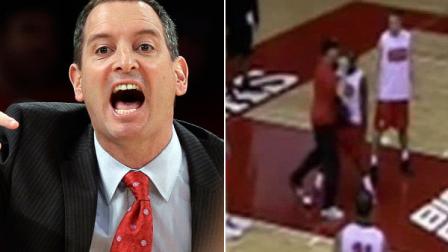 On the left, Rutgers head coach Mike Rice calls out to his team during the first half of an NCAA college basketball game against DePaul at the Big East Conference tournament, Tuesday, March 12, 2013, in New York (AP - Frank Franklin II). On the right, Rice can be seen getting in the face of one his players during a team practice.