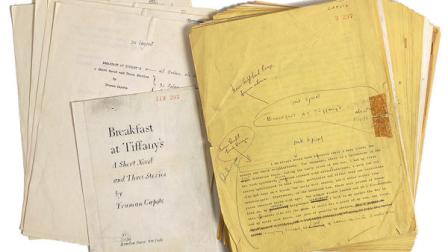 This undated photo provided by RR Auctions in Amherst, N.H., shows a 1958 typed manuscript of Breakfast at Tiffanys with hand annotations by Truman Capote, which will be featured with other Hollywood-themed items at auction in late April 2013. (AP Photo/RR Auctions)