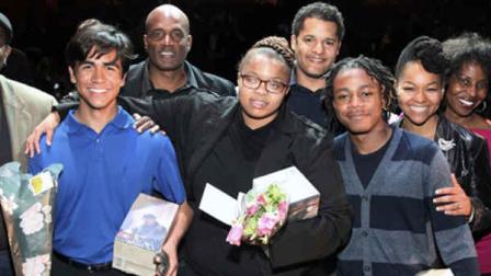 This May 6, 2013 photo shows, front row from left, second-place winner Pablo Lopez from Los Angeles, overall winner Tambi Gxuluwe from Pittsburgh and third-place winner Branndin Phillips-Laramore from Chicago, winners of the 5th Annual August Wilson Monologue Competition. (AP Photo/The O+M Company, Gustavo Monroy)