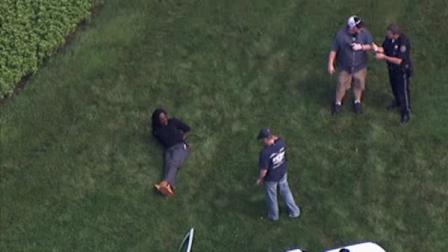 Chopper 6 over the scene in Lower Merion where a suspected bank robber was caught by police. The search for another has prompted the lockdown of Villanova University.