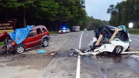 This Saturday, Aug. 31, 2013 photo shows the wreckage of two cars which collided on U.S. Route 219 in Hamlin Township, Pa. Police said the driver of the Jeep Liberty, left, crossed into oncoming traffic on a rural northwestern Pennsylvania highway and smashed head-on into the vehicle at right, killing six people, including two children. (AP Photo/The Bradford Era, Jay Bradish)