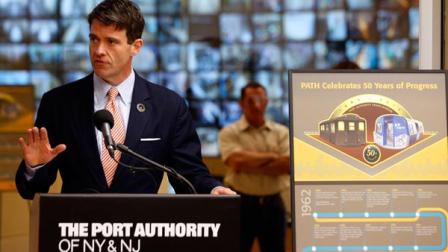 Bill Baroni, deputy executive director of The Port Authority of NY and NJ, talks about the new PATH Command Center, Tuesday, Aug. 28, 2012, in Jersey City, N.J. The center is equipped with a wall featuring 192 monitors with live surveillance video images and will host 37 personnel ranging from train operators to safety officials. (AP Photo/Julio Cortez)