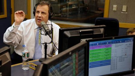 New Jersey Gov. Chris Christie sits in a studio during his radio program, Ask the Governor broadcast on NJ 101.5, Monday, Feb. 3, 2014, in Ewing, N.J. (AP Photo/Mel Evans, Pool)