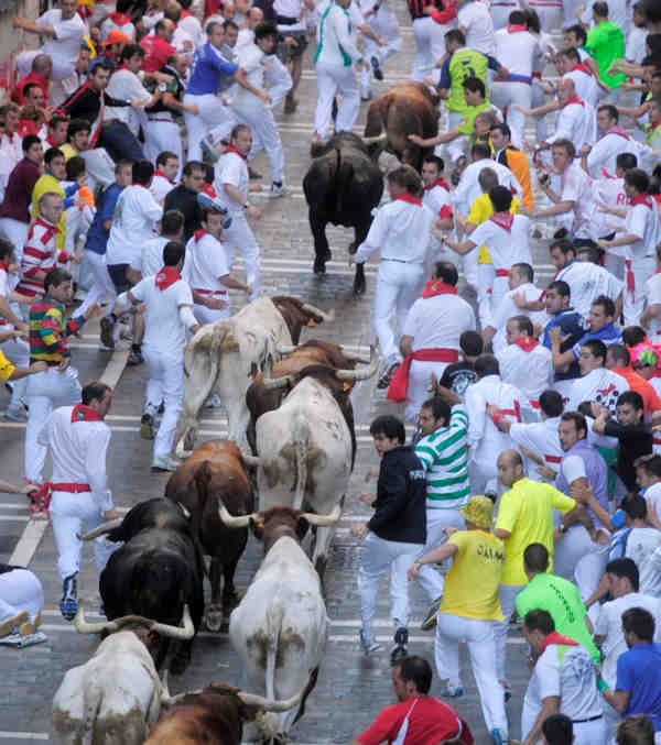 Revelers run in front of a Jandilla ranch...