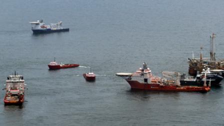 Vessels assisting in the capping of the Deepwater Horizon oil wellhead are seen on the Gulf of Mexico near the coast of Louisiana Sunday, July 18, 2010. (AP Photo/Patrick Semansky)