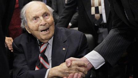 Frank Buckles, left, who at the time was 108 years old, and the oldest surviving veteran of WW I, shakes hands with Sen. Jay Rockefeller, D-W.Va., on Capitol Hill in Washington, Thursday, Dec. 3, 2009. Biographer and family spokesman David DeJonge said in a statement that Frank Woodruff Buckles died early Sunday, Feb. 27, 2011 of natural causes in his home in Charles Town, W.Va. at the age of 110.