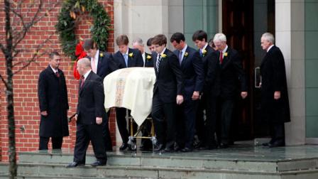 Pallbearers carry the casket containing the body of Elizabeth Edwards following funeral services at Edenton Street United Methodist Church in Raleigh, N.C., Saturday, Dec. 11, 2010. Edwards died Tuesday of cancer at the age of 61. (AP Photo/Jim R. Bounds)