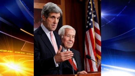 Sen. John Kerry, D-Mass., and Sen. Richard Lugar, R-Ind., talk about the New START Treaty on Capitol Hill in Washington Tuesday, Dec. 21, 2010.(AP Photo/Alex Brandon)