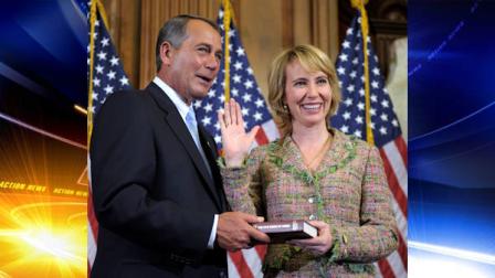FILE - In this Jan. 5, 2011 file photo, House Speaker John Boehner reenacts the swearing in of Rep. Gabrielle Giffords, D-Ariz., on Capitol Hill in Washington. Congressional officials say Giffords has been shot in her district. (AP Photo/Susan Walsh, File)
