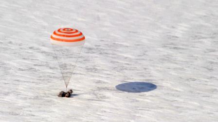 A Russian Soyuz capsule carrying Russian cosmonauts Oleg Skripochka, Alexander Kaleri and US astronaut Scott Kelly on board lands near the town of Arkalyk in northern Kazakhstan, on Wednesday, March 16, 2011. NASA astronaut Scott Kelly and two Russian cosmonauts landed safely Wednesday in the snowy expanses of central Kazakhstan after spending a five-month stint on the International Space Station.