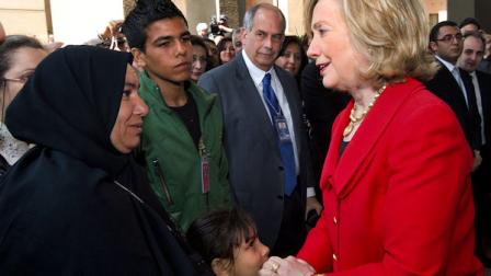US Secretary of State Hillary Rodham Clinton, right, greets the family of Khairy Ramadan Ali, who was killed on Jan. 28, 2011 in anti-government protests during her visit to the US Embassy in Cairo, Egypt on Wednesday March 16, 2011. Hillary Rodham Clinton on Wednesday toured Cairos Tahrir Square, the epicenter of the popular uprising that toppled Egypts longtime autocratic leader last month (AP Photo/Paul J. Richards, Pool)