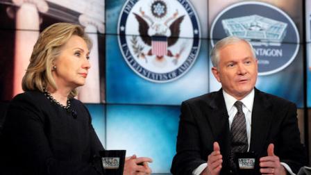 In this March, 26, 2011 photo released by NBC News, Secretary of State Hillary Clinton and Secretary of Defense Robert Gates discuss the latest developments in the Middle East during a pre-taped segment of NBCs Meet the Press in Washington. Gates said he doesnt think Libya is a vital interest for the United States, but that the North African nation is part of a region that is of vital American interest. (AP Photo/NBC, William B. Plowman) NO ARCHIVES. NO SALES.