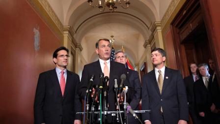 House Speaker John Boehner of Ohio, second from left, speaks during a news conference on Capitol Hill in Washington, Tuesday, April 5, 2011. From left are, House Majority Leader Eric Cantor of Va., Boehner, House Majority Whip Kevin McCarthy of Calif., and Rep. Jeb Hensarling, R-Texas. (AP Photo/J. Scott Applewhite)