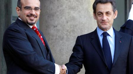 Frenchs President Nicolas Sarkozy, rigth, welcomes the Crown Prince of Bahrain, Salman Bin Hamad Al Khalifa at the Elysee Palace in Paris, Wednesday, Feb. 2, 2011.(AP Photo/Jacques Brinon)
