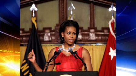 First lady Michelle Obama talks to graduating cadets and their families at the U.S. Military Academy in West Point, N.Y., on Friday, May 20, 2011. First lady Michelle Obama urged more than 1,000 cadets Friday night on the brink of graduating to keep in mind the families of the soldiers they will lead. (AP Photo/Mike Groll)