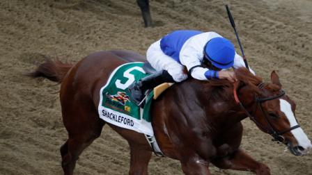 Shackleford moves through the finish line ridden by Jesus Castanon to win the 36th Preakness Stakes horse race at Pimlico Race Course, Saturday, May 21, 2011, in Baltimore. (AP Photo/Jim Dietz)