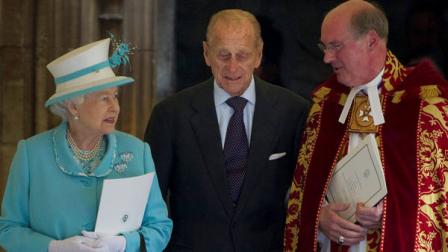 Britains Queen Elizabeth II and her husband Prince Philip, centre, talk with the Dean of Windsor, Reverend David Conner, as they leave with other members of the royal family after a church service to mark the 90th birthday of Queen Elizabeth IIs husband Prince Philip at the Royal Chapel, Windsor Castle, west of London, Sunday June 12, 2011. Philip, also known as the Duke of Edinburgh, married the queen in 1947. He is the son of the late Prince Andrew of Greece and a great-great-grandson of Britains Queen Victoria, giving him deep royal roots. He turned 90 on Friday.