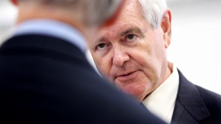 Republican presidential hopeful, former House Speaker Newt Gingrich, facing, talks with Michael George from Strong American Now while touring C&M Machine Products in Hudson, N.H., Wednesday, June 8, 2011. (AP Photo/Cheryl Senter)