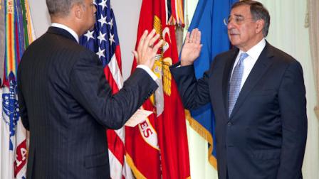 Leon Panetta, right, is sworn is as Defense Secretary by Pentagon General Counsel Jeh Johnson, Friday, July 1, 2011, at the Pentagon. (AP Photo/Evan Vucci)
