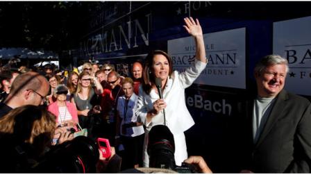 Republican presidential candidate Rep. Michele Bachmann, R-Minn. speaks to her supporters and reporters outside her bus after she won the Republican Partys Straw Poll in Ames, Iowa, Saturday, Aug. 13, 2011. (AP Photo/Charles Dharapak)