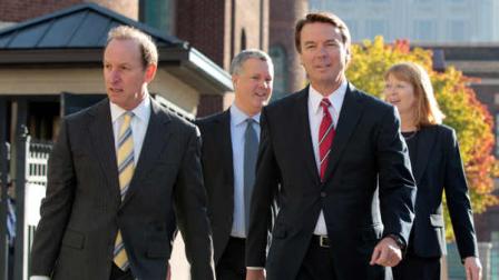 Former U.S. Sen. and presidential candidate John Edwards, right, arrives with his attorneys including Abbe Lowell, left, at federal court for an appearance in Greensboro, N.C., Wednesday, Oct. 26, 2011.A federal judge in North Carolina will hold a hearing Wednesday in response to five motions filed by lawyers for John Edwards seeking the dismissal of the case against the former presidential candidate.