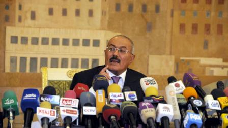 FILE - In this Dec. 24, 2011 file photo, Yemens President Ali Abdullah Saleh speaks during a news conference at the Presidential Palace in Sanaa, Yemen. The Obama administration is weighing an unprecedented diplomatic act _ whether to bar a friendly president from U.S. soil. American officials were evaluating on Tuesday an awkward request from Yemeni strongman and longtime U.S. counterterrorism partner Ali Abdullah Saleh. Saleh has said he plans to come to the United States for medical treatment for injuries suffered in a June assassination attempt, and he has asked for a U.S. visa for entry to the country.