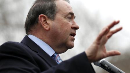 Former Arkansas Gov. Mike Huckabee speaks during a anti-abortion rally at Lafayette Park in Washington, Sunday, Jan. 22, 2012. (AP Photo/Jose Luis Magana)