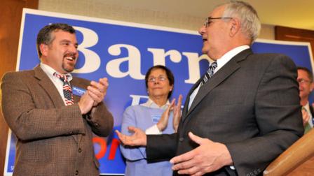 FILE - In this Nov. 2, 2010 file photo, Rep. Barney Frank, D-Mass., right, thanks his partner Jim Ready at a party in Newton, Mass., after Frank won re-election in the 4th Congressional District. A spokesman for Frank confirmed Thursday, Jan. 26, 2012, that Frank a gay pioneer in Congress, plans to marry Ready, his longtime partner from Maine. Frank is retiring from Congress at the end of the 2012 term.