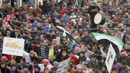 Anti-Syrian regime protesters hold a demonstration in Idlib, Syria, Monday, Feb. 6, 2012. (AP Photo)