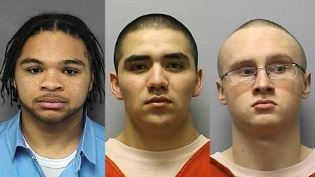 This combo made from photos provided Wednesday, April 18, 2012, by the Kansas Department of Corrections shows, from left, Eric James, 22, Santos Carrera-Morales, 22, and Drew Wade, 21, three of four people who broke out of the Ottawa County Jail in Minneapolis, Kan. on Wednesday morning. Wade was taken into custody in North Platte, Neb. Wednesday evening, and Carrera-Morales and James remain at large. A fourth inmate was captured soon after the escape.