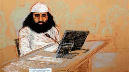 In this photo of a sketch by courtroom artist Janet Hamlin and reviewed by the U.S. Department of Defense, accused Sept. 11 co-conspirator Walid bin Attash is shown while attending his military hearing at the Guantanamo Bay U.S. Naval Base in Cuba, Saturday, May 5, 2012. Khalid Sheikh Mohammed, the self-proclaimed mastermind of the Sept. 11 attacks repeatedly declined to respond to a judges questions Saturday and Walid bin Attash was briefly restrained at a military hearing as five men, including Khalid Sheikh Mohammed and Walid bin Attash, were charged with the worst terror attack in U.S. history. (AP Photo/Janet Hamlin, Pool)