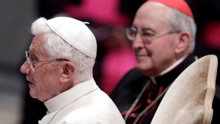 Pope Benedict XVI, flanked by Cardinal Agostino Vallini, the popes vicar for the diocese of Rome, right, delivers his address during the opening day of Romes dioceses ecclesiastic meeting at St. John at the Lateran Basilica in Rome, Monday, June 11, 2012. The pontiff called for his aides near and far to remain loyal to him as the Vatican copes with the fallout of a growing scandal over leaked documents and the controversial ouster of Ettore Gotti Tedeschi. The Vatican says it truly regrets the publication of a letter from a psychotherapist detailing the mental health of the Vaticans recently ousted bank chief. In a statement to The Associated Press, Vatican spokesman the Rev. Federico Lombardi said the publication of the letter was completely unacceptable and cause for true regret, in particular from the point of view of the respect that should be owed to the interested people. (AP Photo/Riccardo De Luca)