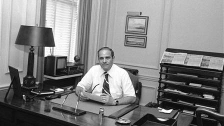 FILE - This July 20, 1977 file photo shows New York Times publisher Arthur Ochs Sulzberger in his office in New York. Sulzberger has died at age 86. The newspaper reports that his family says Sulzberger died Saturday, Sept. 29, 2012, at his home in Southampton, N.Y., after a long illness. He had retired in 1992 after three decades at the papers helm and was succeeded by his son, Arthur Jr. (AP Photo/Ray Howard, File)