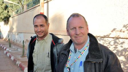 Two British hostages Peter, left, and Alan, right, (no family name available), are seen after being released, in a street of Ain Amenas, near the gas plant where they have been kidnapped by Islamic militants, Saturday, Jan. 19, 2013. Algerias special forces stormed the natural gas complex in the middle of the Sahara desert in a final assault Saturday, killing 11 militants, but not before they in turn killed seven hostages, the state news agency reported.(AP Photo/Anis Belghoul)
