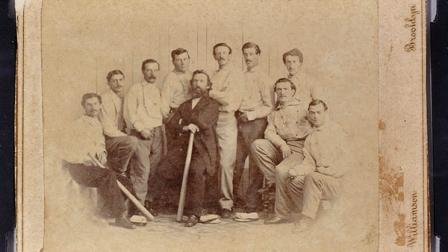 FILE - This undated file photo released Wednesday, Jan. 9, 2013 by the Saco River Auction Co., in Biddeford, Maine, shows a rare 1865 baseball card of the Brooklyn Atlantics, discovered in a photo album bought at a yard sale in Baileyville, Maine, on the Canadian border. (AP Photo/ Saco River Auction Co., File)