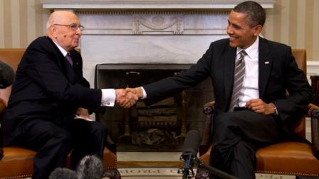 President Barack Obama shakes hands with Italian President Giorgio Napolitano during their meeting in the Oval Office of the White House, in Washington, Friday, Feb. 15, 2013. (AP Photo/Jacquelyn Martin)
