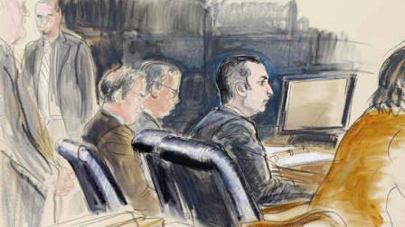 In this courtroom sketch, Gilberto Valle is seen in federal court in New York, Monday, Feb 25, 2013. The wife of Valle, a New York City police officer, will testify at a federal trial to explain how she discovered that he was discussing kidnapping, killing and eating women. (AP Photo/Elizabeth Williams)