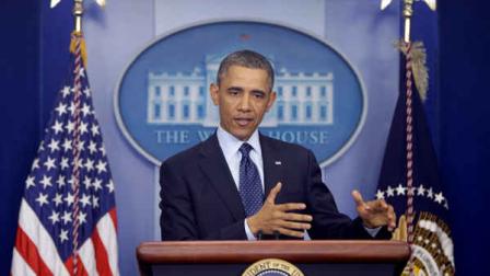 President Barack Obama speaks to reporters in the White House briefing room in Washington, Friday, March 1, 2013, following after meeting with congressional leaders regarding the automatic spending cuts. (AP Photo/Charles Dharapak)