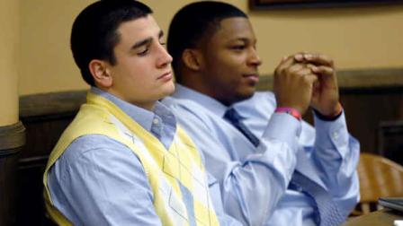 Trent Mays, 17, left, and co-defendant 16-year-old Malik Richmond sit at the defense table during a recess of their trial on rape charges in juvenile court on Thursday, March 14, 2013, in Steubenville, Ohio. Mays and Richmond are accused of raping a 16-year-old West Virginia girl in August of 2012. (AP Photo/Keith Srakocic, Pool)