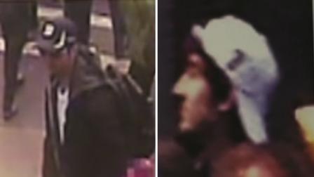 The FBI released the following photos of two suspects in the Boston Marathon bombings during a press conference on Thursday, April 18, 2013. Suspect #1 is wearing a dark hat. Suspect #2 is wearing a white hat.