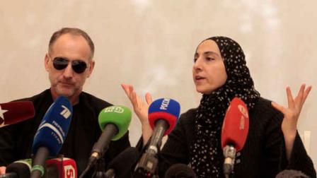 The mother of the two Boston bombing suspects, Zubeidat Tsarnaeva, with the suspects father Anzor Tsarnaev, left, speaks at a news conference in Makhachkala, the southern Russian province of Dagestan, Thursday, April 25, 2013. (AP Photo/Musa Sadulayev)