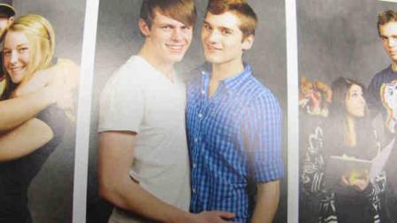 This photo from the Carmel High School yearbook, as seen on Monday, June 3, 2013, in Carmel, N.Y., shows seniors Dylan Meehan and Brad Taylor. Their classmates voted Meehan and Taylor Cutest Couple. (AP Photo/Courtesy Carmel High School)