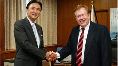 FILE - IN this Wednesday, Aug. 28, 2013 file photo, Bob King, right, the U.S. special envoy for North Korean human rights issues, shakes hands with Japanese National Public Safety Commission Chairman Keiji Furuya during their meeting in Tokyo. The State Department said Friday, Aug. 30, North Korea rescinded its invitation for King to travel to Pyongyang to seek the release of a detained American. King was due to travel from Tokyo to Pyongyang Friday to request a pardon and amnesty for Kenneth Bae. (AP Photo/Shuji Kajiyama, File)