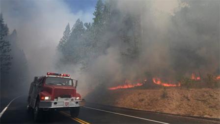 A fire truck drives past burning trees as firefighters continue to battle the Rim Fire near Yosemite National Park, Calif., on Monday, Aug. 26, 2013. Crews working to contain one of Californias largest-ever wildfires gained some ground Monday against the flames threatening San Franciscos water supply, several towns near Yosemite National Park and historic giant sequoias. (AP Photo/Jae C. Hong)