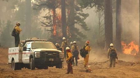 In this Friday, Aug. 30, 2013 photo provided by the U.S. Forest Service, a fire crew stands watch along a fire break near a burn operation on the southern flank of the Rim Fire near Yosemite National Park in California. The wildfire burning in and around Yosemite National Park has become the fourth-largest conflagration in California history.