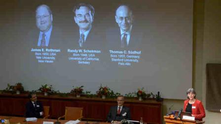 Karolinska Institutes Chairman of the Nobel committee for physiology or medicine Juleen Zierath talks, as images of James Rothman and Randy Schekman, of the United States, and German-born researcher Thomas Sudhof are projected on a screen, in Stockholm, Sweden, Monday, Oct. 7, 2013, as they are announced as the winners of the 2013 Nobel Prize in medicine. Rothman, Schekman and Sudhof won the 2013 Nobel Prize in medicine on Monday for discoveries on how proteins and other materials are transported within cells. (AP Photo/ TT News Agency Janerik Henriksson)
