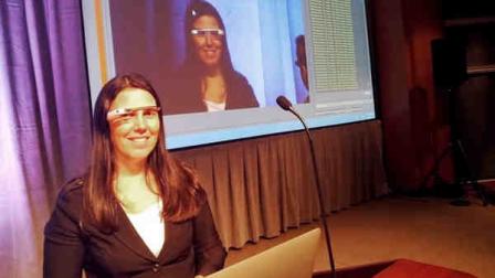 This undated photo released courtesy Cecilia Abadie shows Cecilia Abadie a software developer from Temecula, Calif., during a presentation. Abadie was pulled over for speeding on Tuesday Oct. 29, 2013, in San Diego, when a California Highway Patrol officer noticed she was wearing Google Glass and tacked on a citation usually given to drivers who may be distracted by a video or TV screen. (AP Photo/Courtesy Cecilia Abadie)