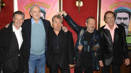 FILE - This is a Thursday, Oct. 15, 2009. file photo of from left, actors Michael Palin, John Cleese, Terry Jones, Terry Gilliam and Eric Idle attend the IFC and BAFTA premiere of Monty Python: Almost The Truth (The Lawyers Cut), in New York. (AP Photo/Peter Kramer, File)