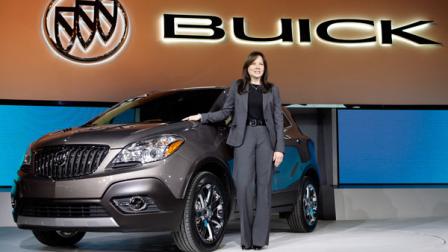 Mary Barra, General Motors Senior Vice President, Global Product Development, introduces the 2013 Buick Encore at the North American International Auto Show in Detroit, Tuesday, Jan. 10, 2012. (AP Photo/Paul Sancya)